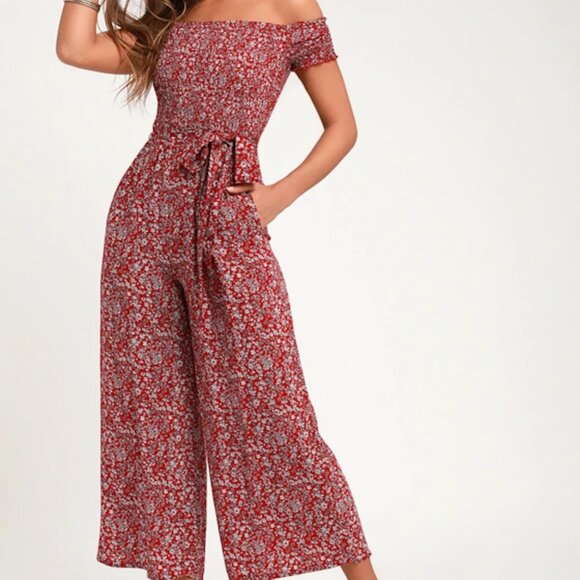 Lulus Pants - Lulus Behold Red Floral Print Off-the-Shoulder Jumpsuit